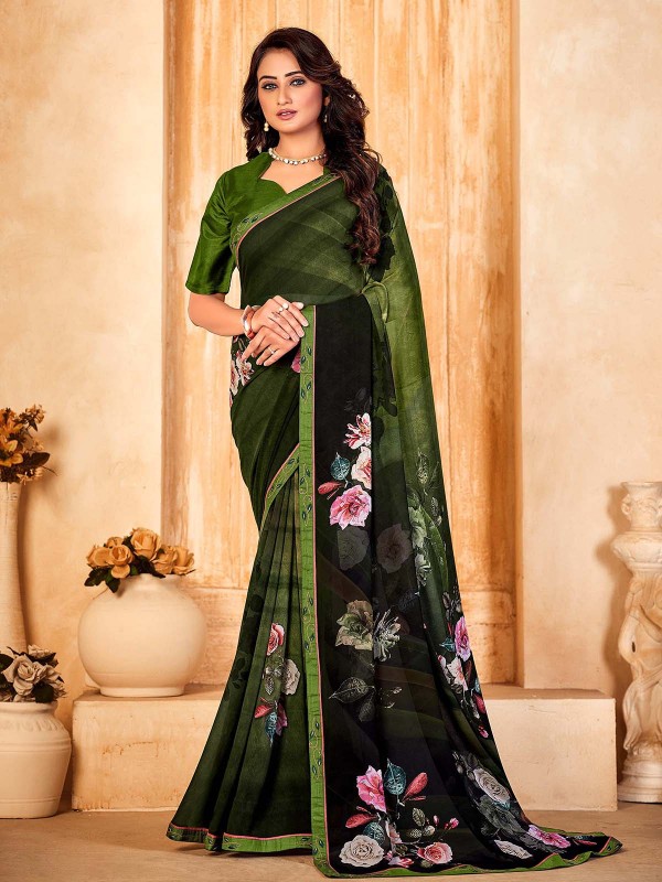 Green Bamberg Silk Digital Print Saree